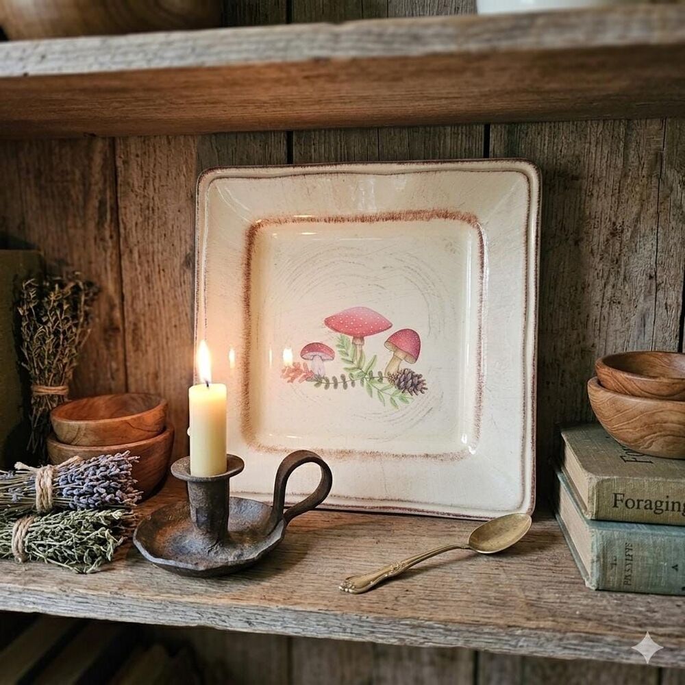 Enchanting, Hand-Decorated Mushroom Design Square Decor Plate, Upcycled Decor